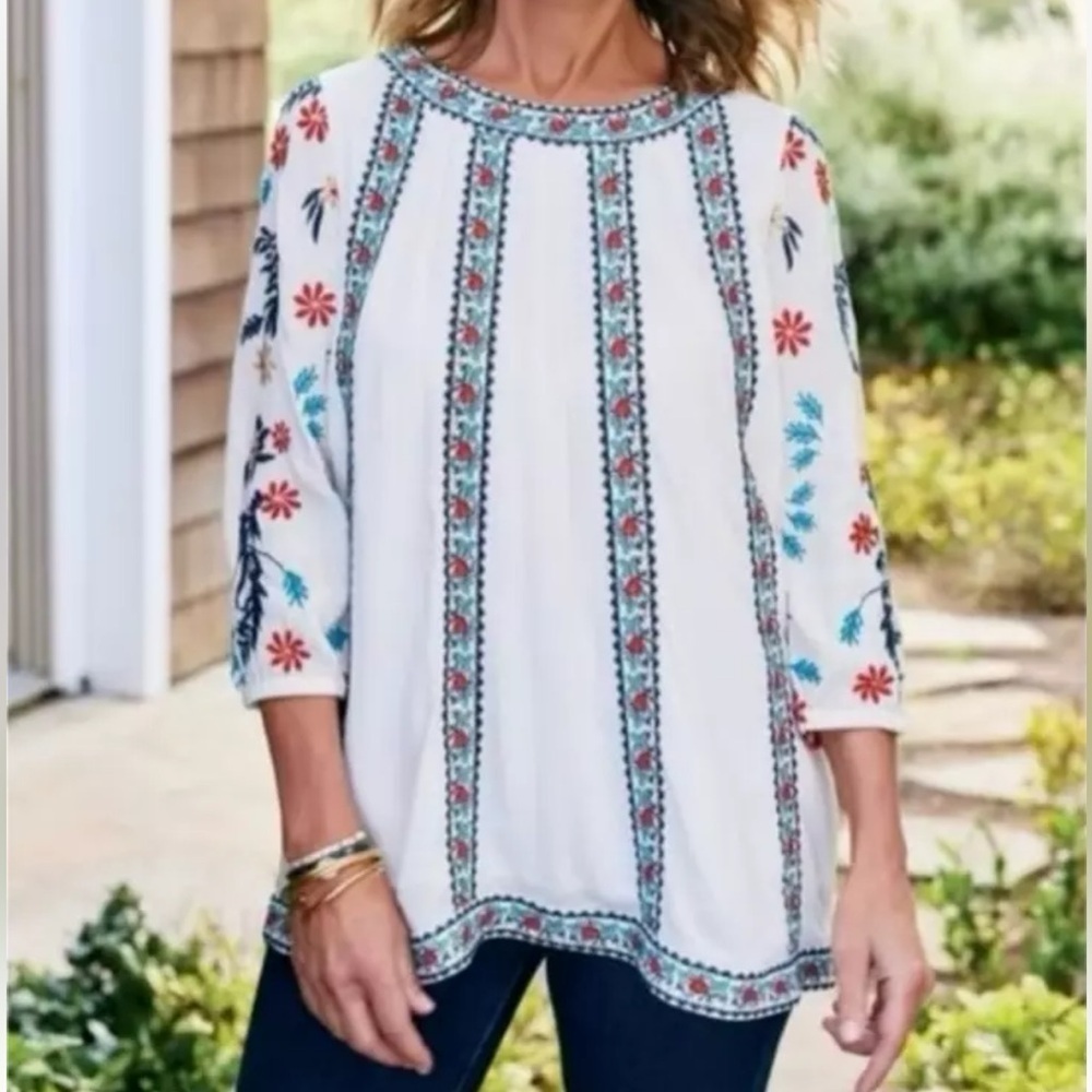Soft Surroundings Eleandra Gauze Tunic Top Ivory Embroidered Medium